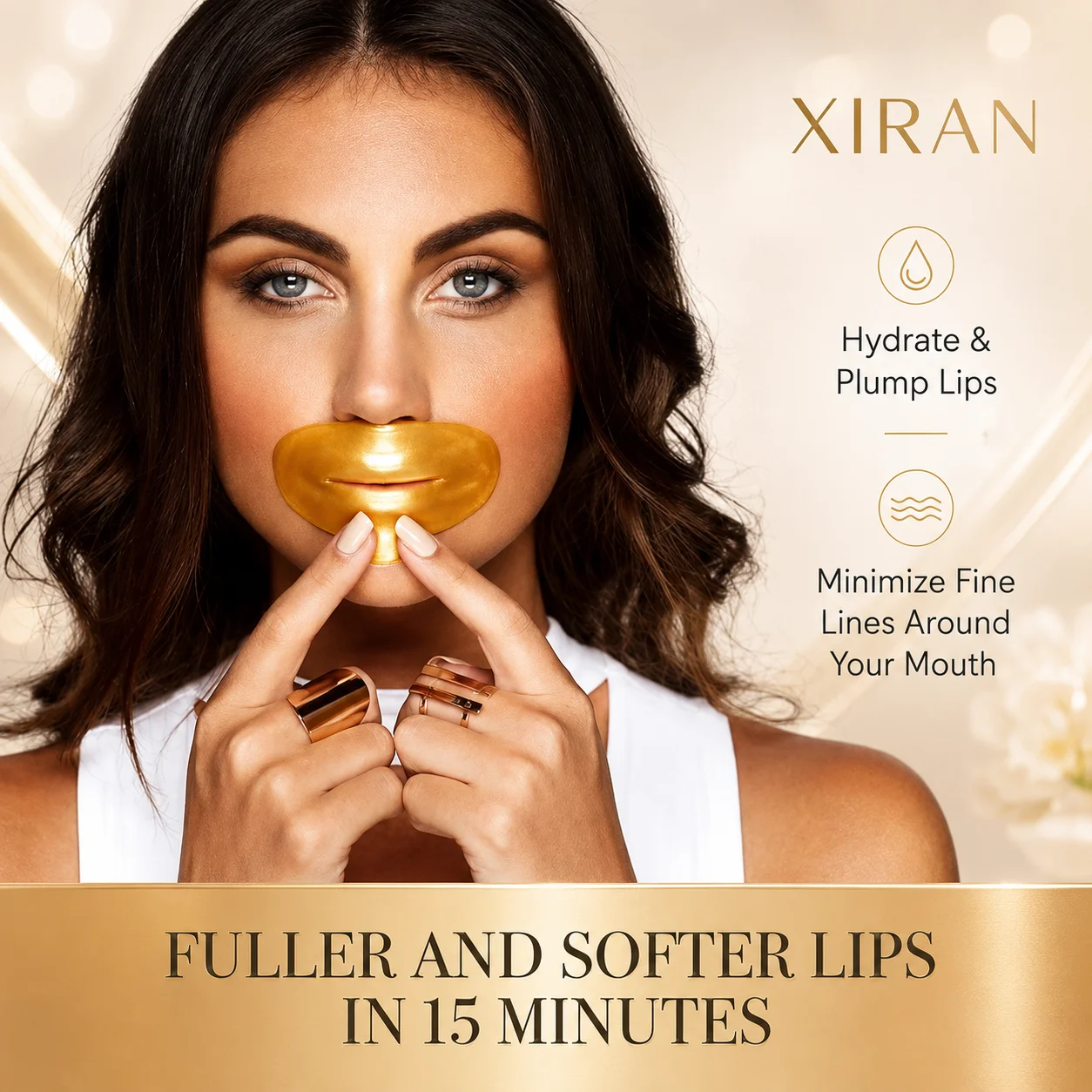 A beauty advertisement showing a woman holding her lips with gold rings, highlighting hydration and plumping benefits for fuller lips.